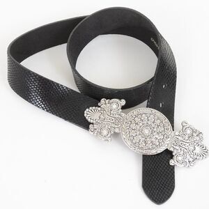 Chico's Rhinestone Chunky Buckle Black Textured Leather Belt